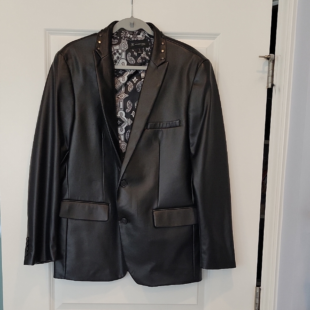 INC International Concepts Faux Leather Vtg Slim Blazer Studs Large FLAW